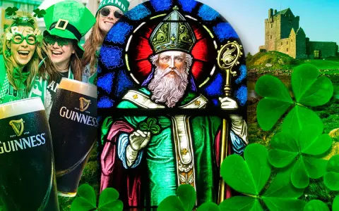 Glada människor i grönt firar med Guinness, en glasmålning av Sankt Patrick och ett slott. En hyllning till skottlands nationaldag.
