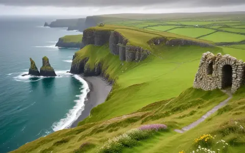 Gröna klippor vid havet, en ruin och vilda blommor. En dröm för en rundresa Irland på egen hand.