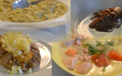 En collage av fyra rätter: grön puré, en pirog med ägg, en mörk röra och en laxsoppa. En del av maten ser lite konstig ut.