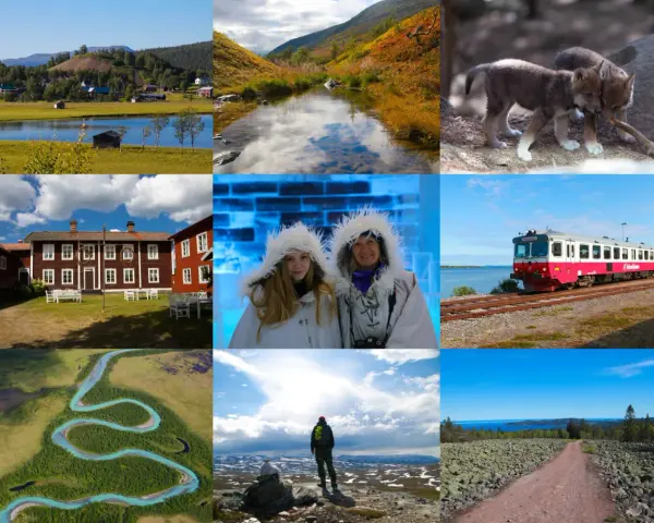 En mosaik av bilder som visar det vackra landskapet i norra Sverige: en by vid en sjö, höstfärger, vargungar, ett ishotell, ett rött hus, ett tåg, en slingrande flod, en fjällvandring och en stenig stig.