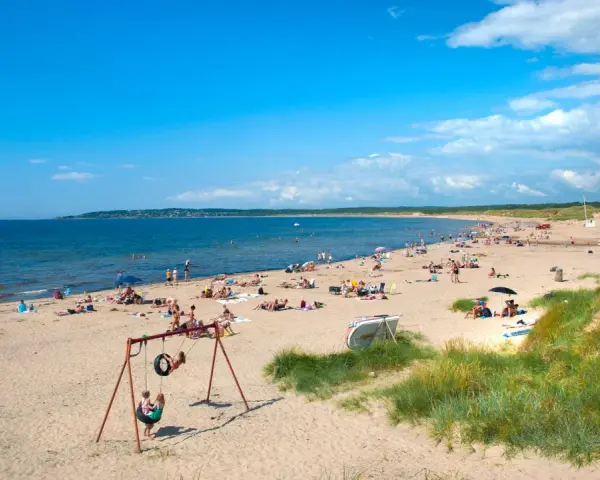 En solig strand i Halland med många badgäster, sanddyner och en gungställning.