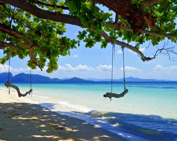 Gungor hänger från ett träd vid en strand i Thailand. Vackert turkost vatten och berg i bakgrunden. En idyllisk plats, trots att det är regnperiod.