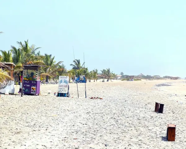 En strand i Gambia med palmer, solstolar och juicebar. Perfekt för gambia turism.