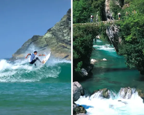 Surfare på en våg vid en klippa och en turkos flod med en stenbro och vandrare. Vacker natur i Spanien.