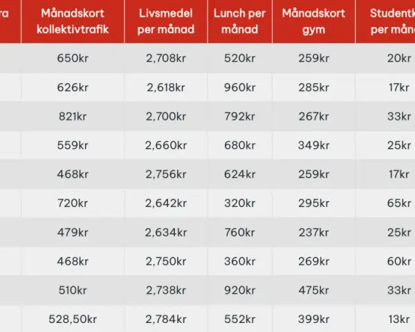 Tabell visar månadskostnader för boende, mat, transport m.m. i svenska städer. Linköping är billigaste staden i Sverige med lägst totala utgifter.