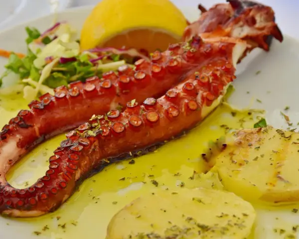 Grillad bläckfisk med potatis, citron och sallad. En smak av kroatisk mat som förför dina sinnen.