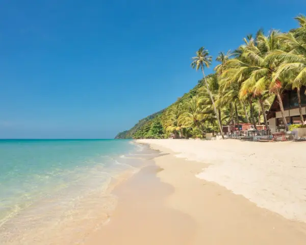 En strand på Ko Chang med palmer, turkost vatten och en byggnad.