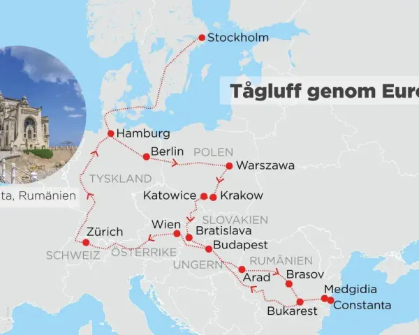 Karta över en tågluff genom Europa med stopp i Stockholm, Hamburg, Berlin, Warszawa, Zürich, Wien, Budapest och Bukarest. Tips för tågluffa Europa!