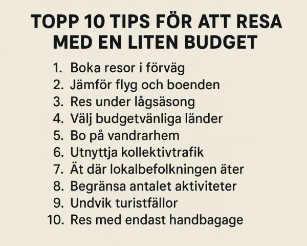 Topp 10 tips för en budget resa: boka tidigt, jämför boende, res under lågsäsong, välj budgetvänliga länder, bo på vandrarhem, använd kollektivtrafik, ät lokalt, begränsa aktiviteter, undvik turistfällor, res med handbagage.