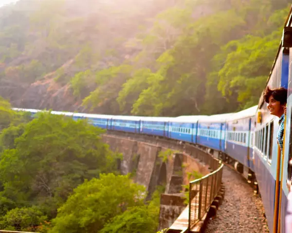 Ung man ler från tågfönstret på en resa genom grönskande landskap. Bra interrail tips för äventyrliga resor!