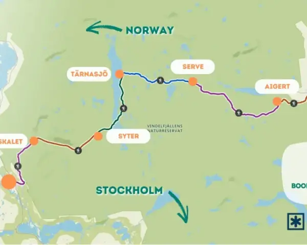 Karta över kungsleden etapper från Hemavan till Ammarnäs, med platser som Viterskålet, Syter och Vindelfjällen.