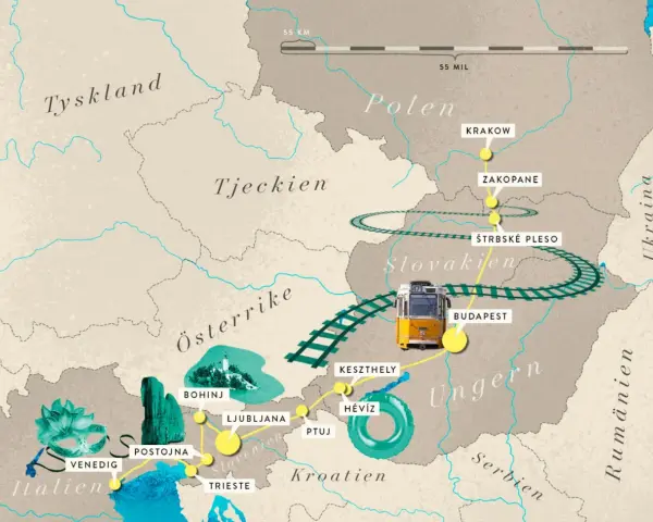 En karta som visar en tågresa från Italien, genom Österrike och Ungern, till Kroatien. En gul spårvagn illustrerar resan.