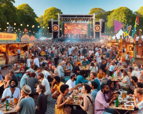 En livlig scen från festivaler i Sverige med en stor publik, matstånd och en scen med artister.