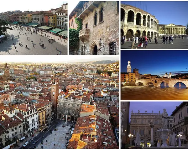 En mosaik av vackra vyer från Verona, Italien. En livlig piazza, Julias balkong, amfiteater, stadssiluett och en bro över floden Adige.