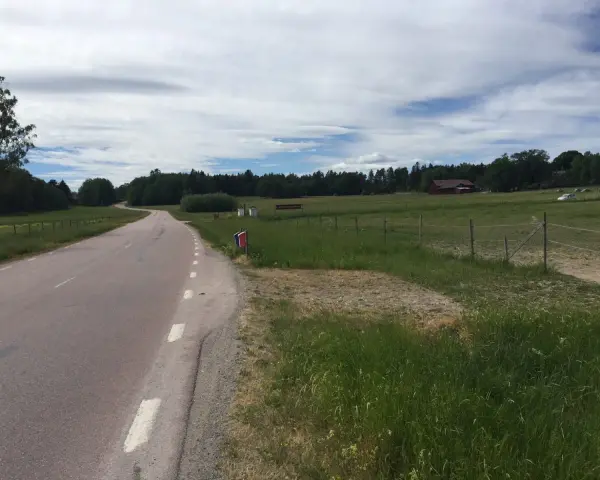 Vacker väg kantad av grönska, perfekt för att utforska Sveriges cykelleder. En röd lada skymtar i bakgrunden.