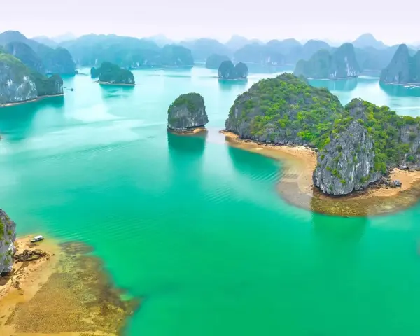 Vackra kalkstensklippor reser sig ur turkost vatten i Halongbukten, Vietnam. Priser för en resa hit är väl värda upplevelsen.