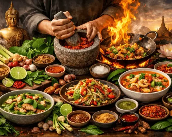 En rik och färgstark presentation av thailand matkultur. En Buddha-staty, kryddor, örter och flera läckra rätter som wokad räkor och grön curry.