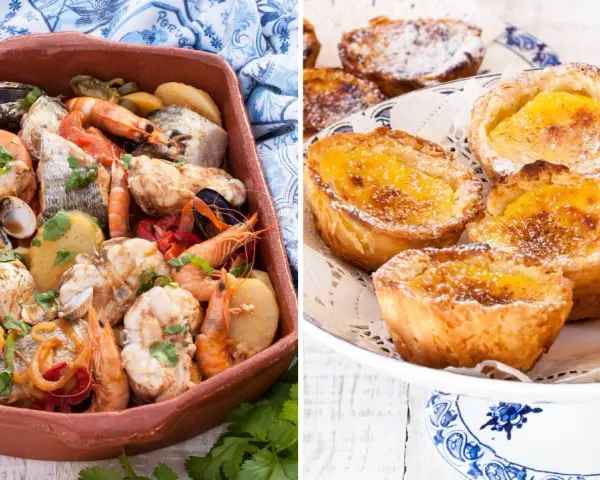 En rustik portugisisk gryta med fisk, skaldjur och potatis bredvid en tallrik med söta portugisiska bakverk, pastéis de nata.