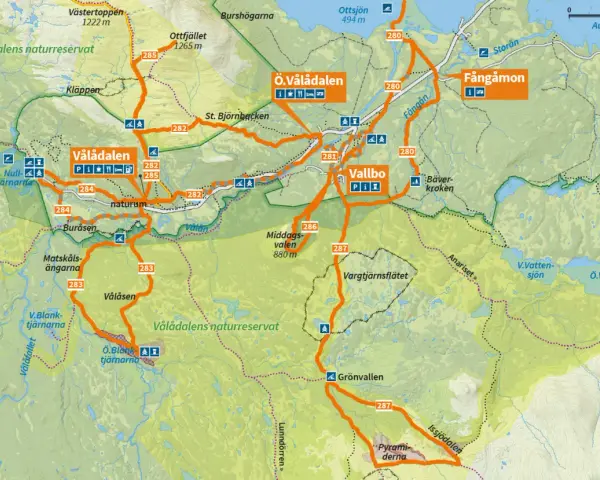 Karta över Vålådalen med markerade vandringsleder, sevärdheter som Ottfjället och Vallbo. Perfekt för din Vålådalen vandring.