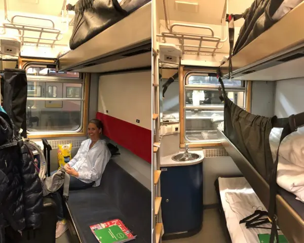 En kvinna sitter i en liggvagn SJ. Bredvid henne finns bagage och en bädd.