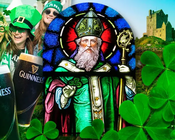 Glada människor i grönt firar med Guinness, en glasmålning av Sankt Patrick och ett slott. En hyllning till skottlands nationaldag.