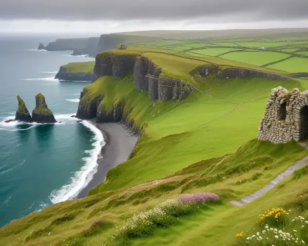 Gröna klippor vid havet, en ruin och vilda blommor. En dröm för en rundresa Irland på egen hand.