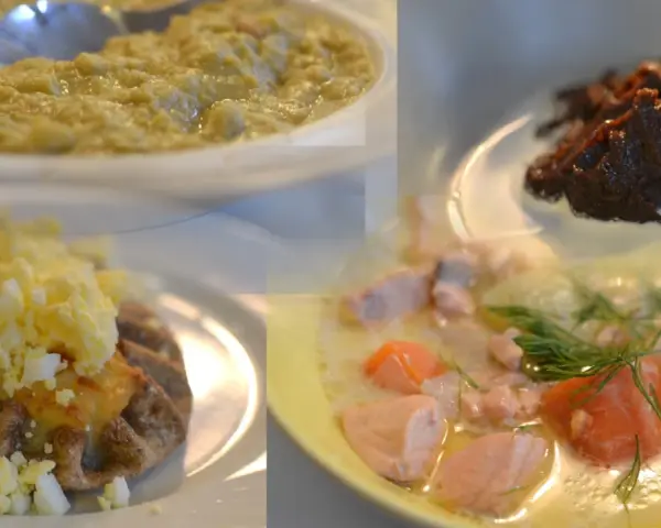 En collage av fyra rätter: grön puré, en pirog med ägg, en mörk röra och en laxsoppa. En del av maten ser lite konstig ut.