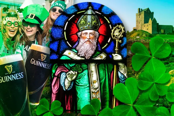 Glada människor i grönt firar med Guinness, en glasmålning av Sankt Patrick och ett slott. En hyllning till skottlands nationaldag.