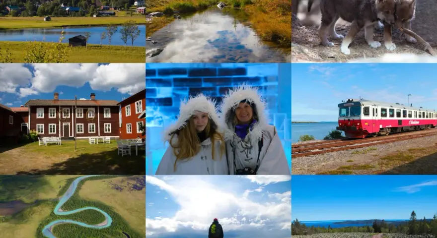 En mosaik av bilder som visar det vackra landskapet i norra Sverige: en by vid en sjö, höstfärger, vargungar, ett ishotell, ett rött hus, ett tåg, en slingrande flod, en fjällvandring och en stenig stig.