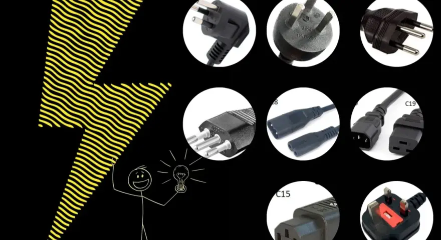 En illustration med en blixt och en figur som håller en glödlampa. Runtom finns olika eluttag, inklusive ett som liknar ett eluttag i Danmark.