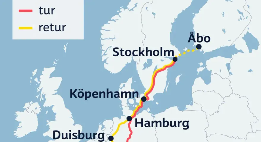 Karta som visar en rutt för tåg från Sverige till London, via Köpenhamn och Hamburg. Röd linje visar tur, gul linje visar retur.