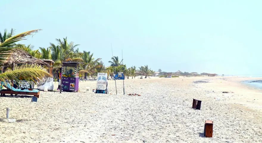 En strand i Gambia med palmer, solstolar och juicebar. Perfekt för gambia turism.