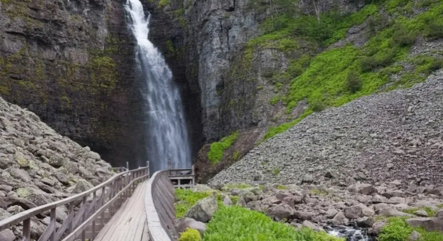 En imponerande vattenfall i en ravin, med en träbro som leder besökare närmare. En del av Sveriges vackra vandringsleder.