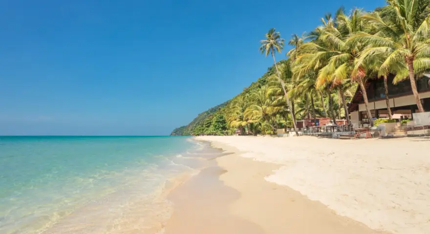 En strand på Ko Chang med palmer, turkost vatten och en byggnad.