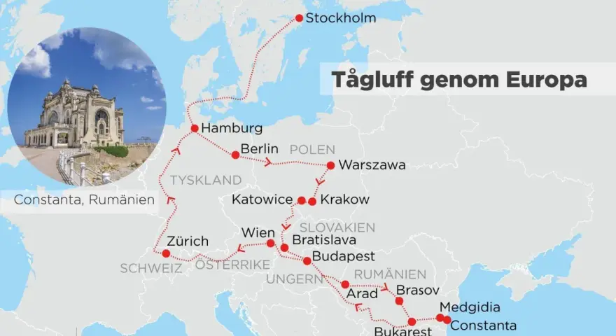 Karta över en tågluff genom Europa med stopp i Stockholm, Hamburg, Berlin, Warszawa, Zürich, Wien, Budapest och Bukarest. Tips för tågluffa Europa!