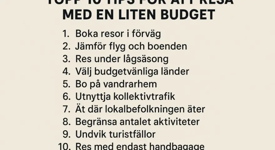 Topp 10 tips för en budget resa: boka tidigt, jämför boende, res under lågsäsong, välj budgetvänliga länder, bo på vandrarhem, använd kollektivtrafik, ät lokalt, begränsa aktiviteter, undvik turistfällor, res med handbagage.