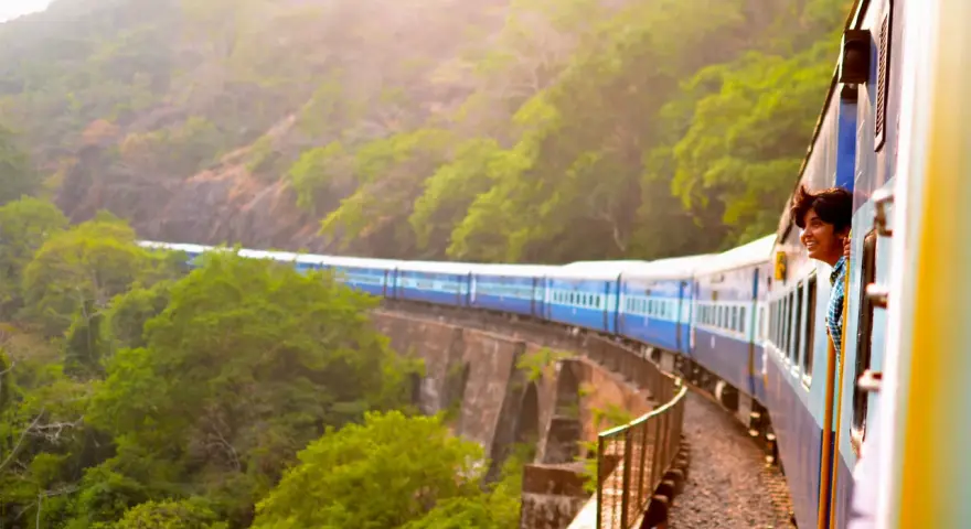 Ung man ler från tågfönstret på en resa genom grönskande landskap. Bra interrail tips för äventyrliga resor!