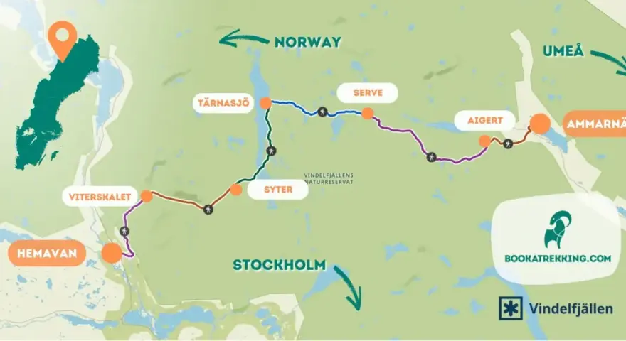 Karta över kungsleden etapper från Hemavan till Ammarnäs, med platser som Viterskålet, Syter och Vindelfjällen.