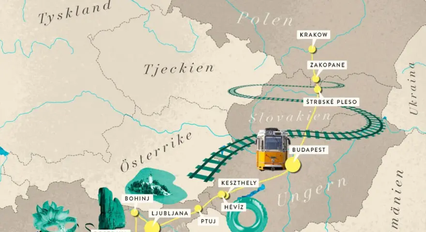 En karta som visar en tågresa från Italien, genom Österrike och Ungern, till Kroatien. En gul spårvagn illustrerar resan.