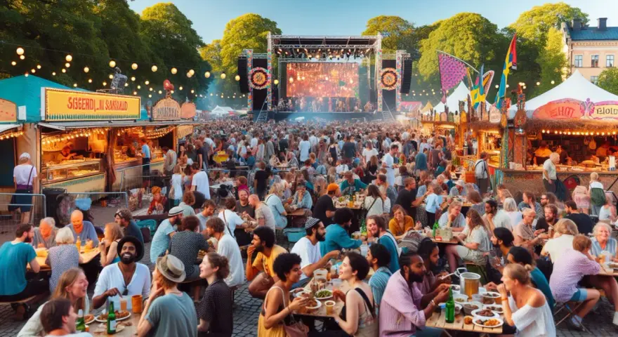 En livlig scen från festivaler i Sverige med en stor publik, matstånd och en scen med artister.