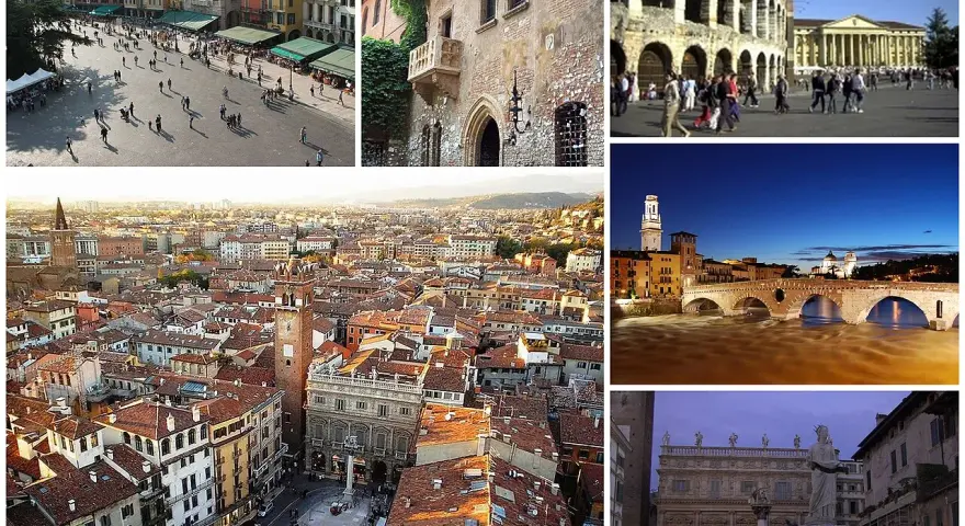 En mosaik av vackra vyer från Verona, Italien. En livlig piazza, Julias balkong, amfiteater, stadssiluett och en bro över floden Adige.