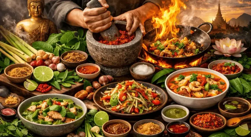 En rik och färgstark presentation av thailand matkultur. En Buddha-staty, kryddor, örter och flera läckra rätter som wokad räkor och grön curry.
