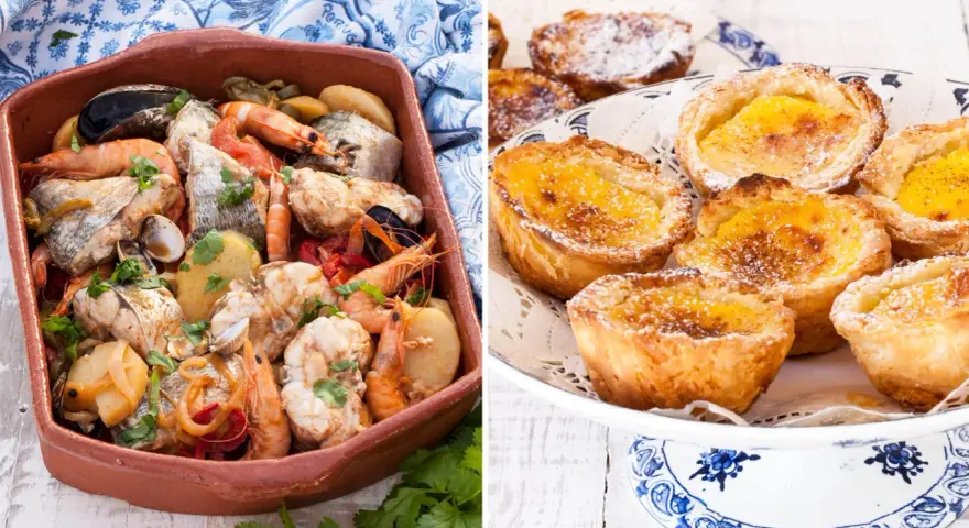 En rustik portugisisk gryta med fisk, skaldjur och potatis bredvid en tallrik med söta portugisiska bakverk, pastéis de nata.