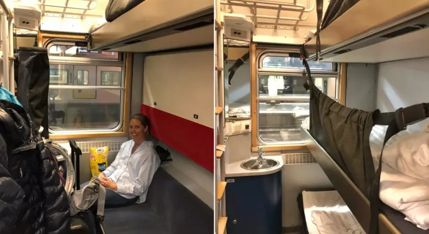 En kvinna sitter i en liggvagn SJ. Bredvid henne finns bagage och en bädd.