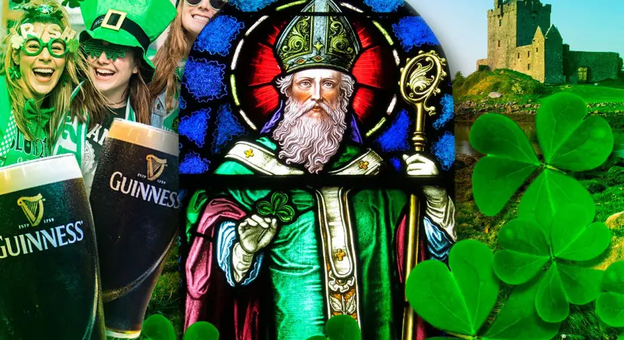Glada människor i grönt firar med Guinness, en glasmålning av Sankt Patrick och ett slott. En hyllning till skottlands nationaldag.