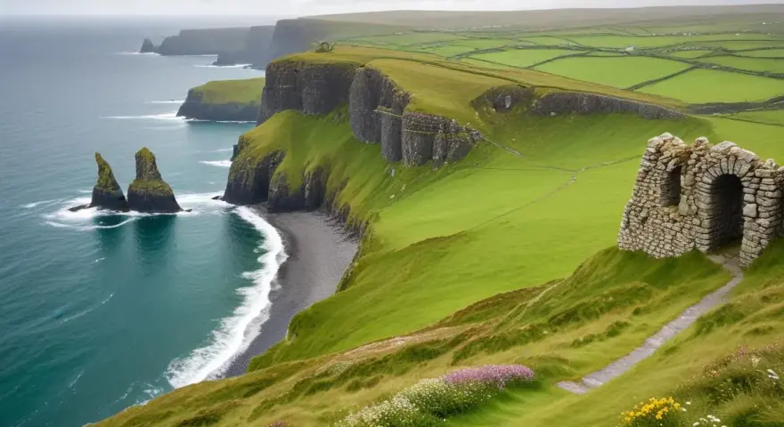 Gröna klippor vid havet, en ruin och vilda blommor. En dröm för en rundresa Irland på egen hand.