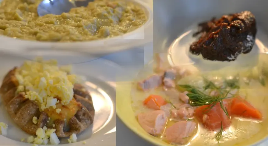 En collage av fyra rätter: grön puré, en pirog med ägg, en mörk röra och en laxsoppa. En del av maten ser lite konstig ut.
