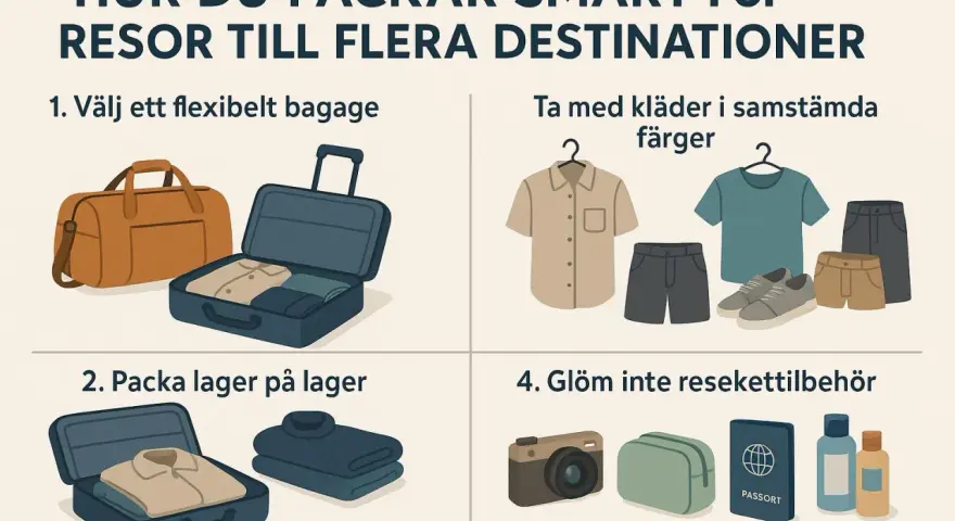 Packlista utomlands: flexibelt bagage, kläder i samstämmiga färger, packa lager på lager och glöm inte resekettillbehör som pass och toalettartiklar.
