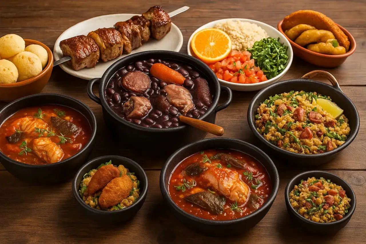 En h&auml;rlig buff&eacute; med brasiliansk mat: feijoada, grillspett, ris, b&ouml;nor, och friterade godsaker.