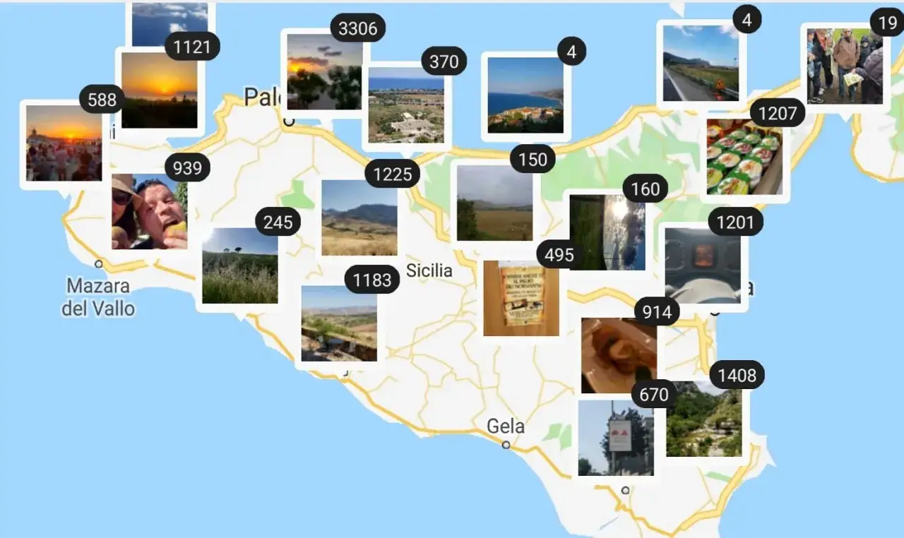 En karta &ouml;ver Sicilien med bilder fr&aring;n en resa. En reseguide till Sicilien med solnedg&aring;ngar, mat och vackra vyer.